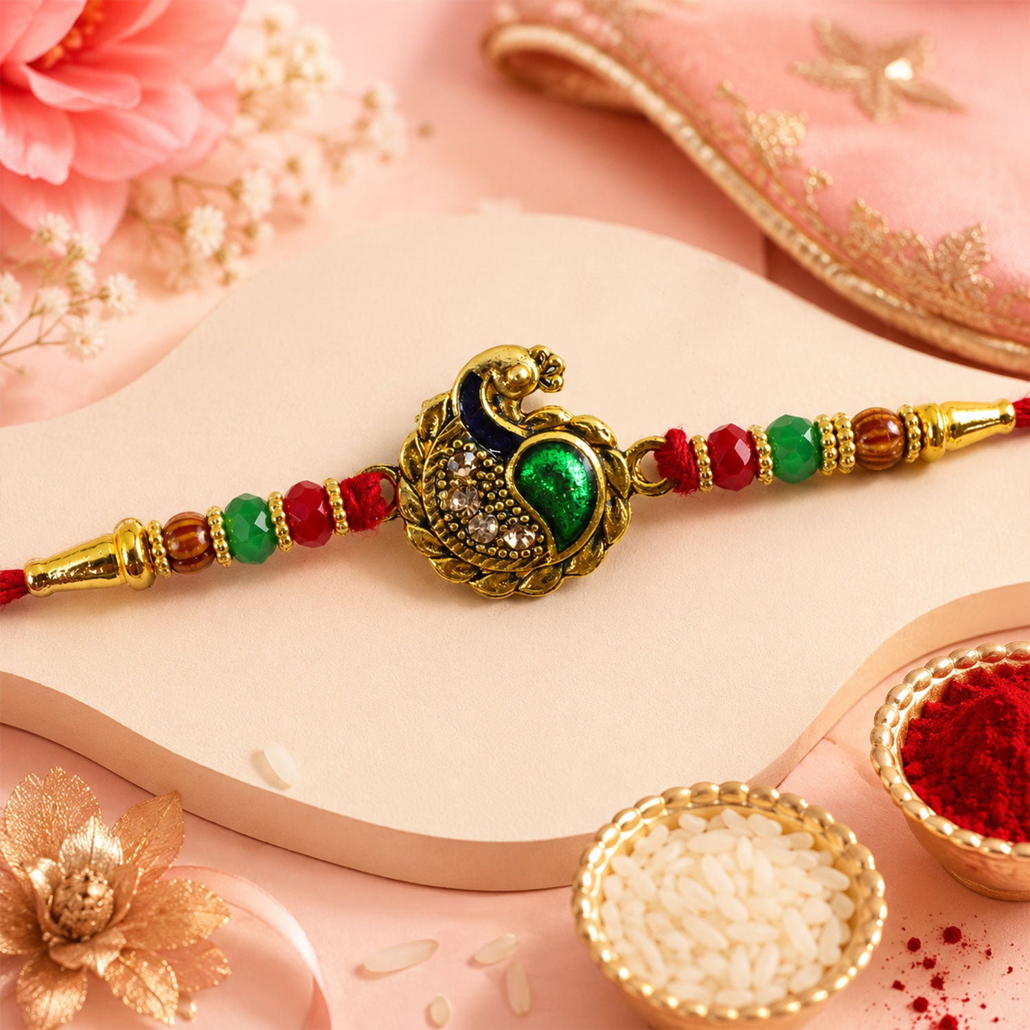 Green Peacock Paisley Rakhi with Golden Detail, Festive Beads and Red Thread