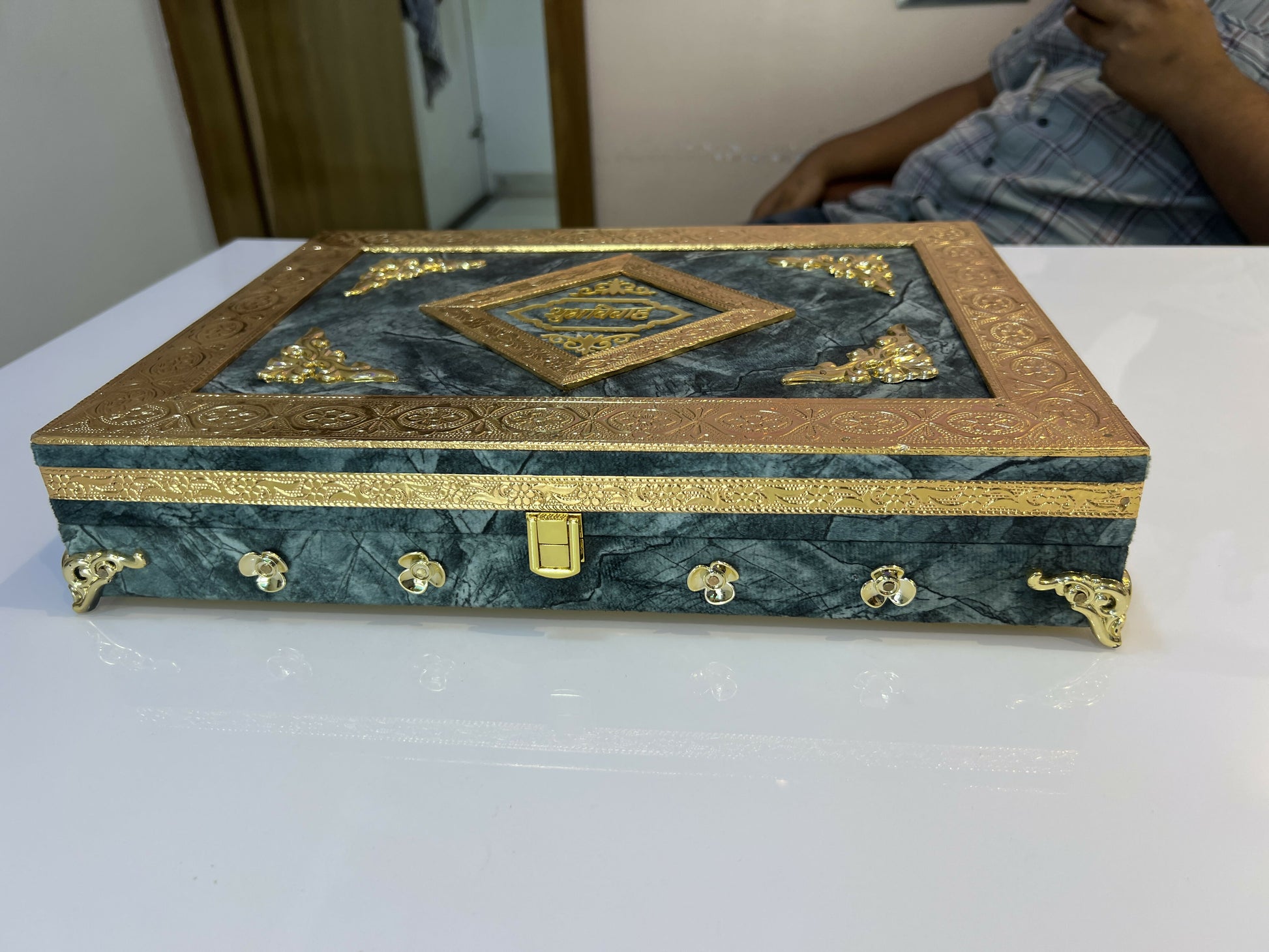 Premium velvet wedding invitation box with music and light feature for Haldi Mehendi Shaadi
