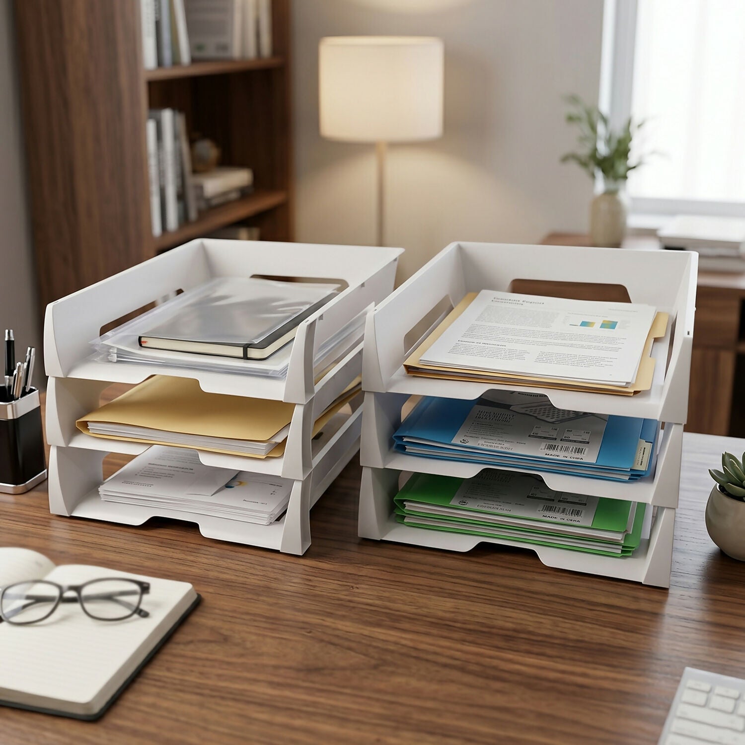 Side view of Khyati multi-layer file rack for desk