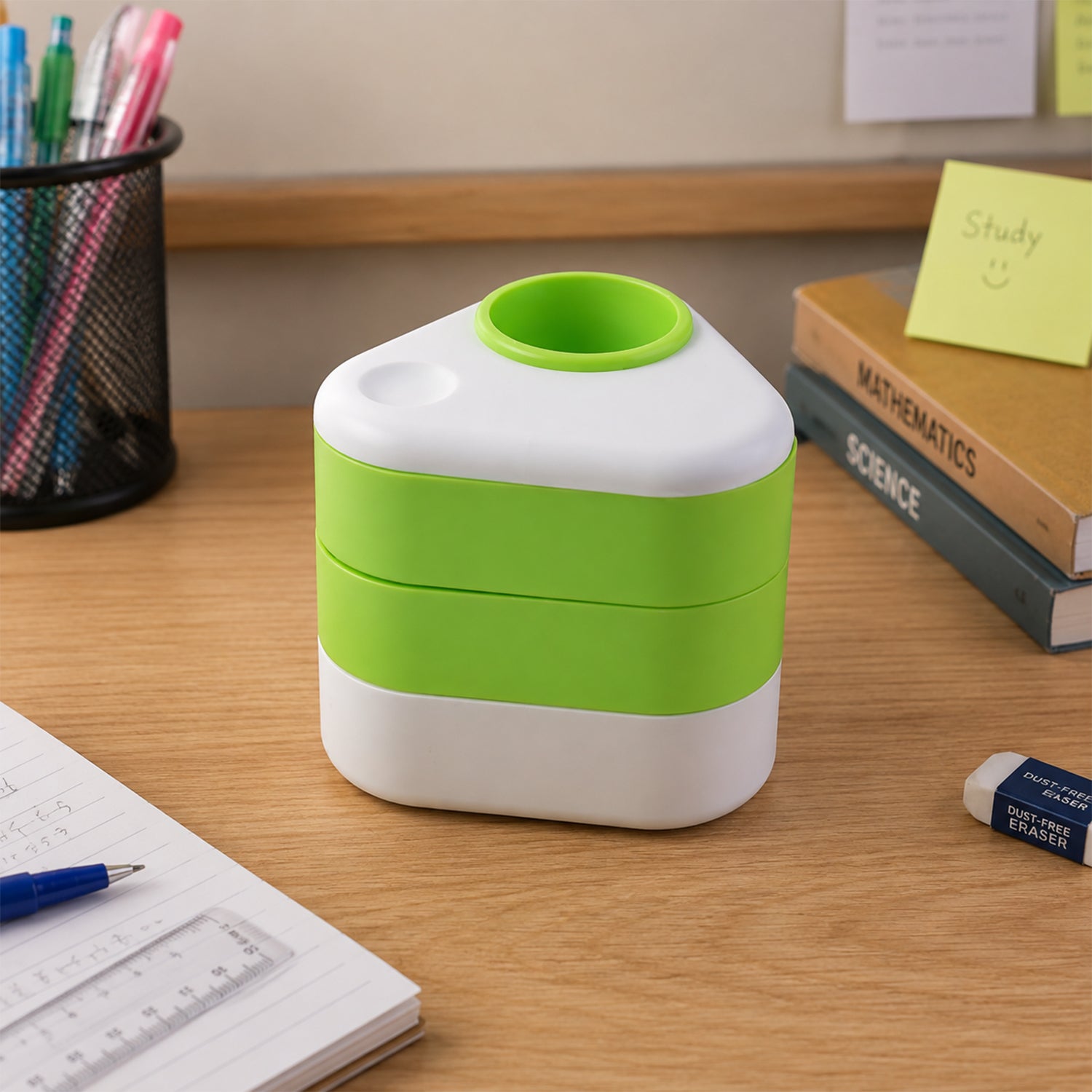 Triangle Rotating Desk Organizer with Pen Holder & Storage Trays for Office & Study