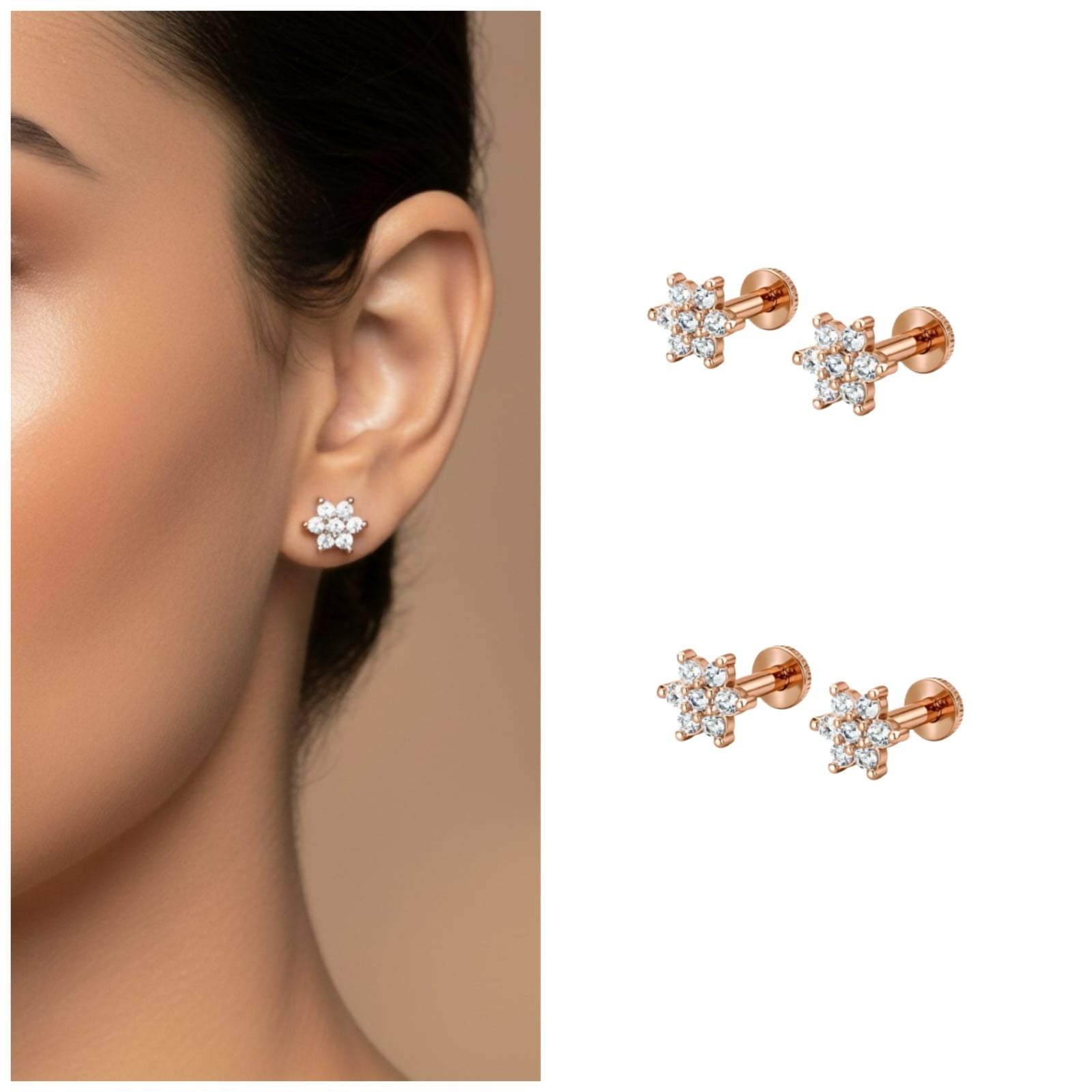 Rose gold flower stud earrings combo pack displaying elegant six-petal floral design with cubic zirconia stones
