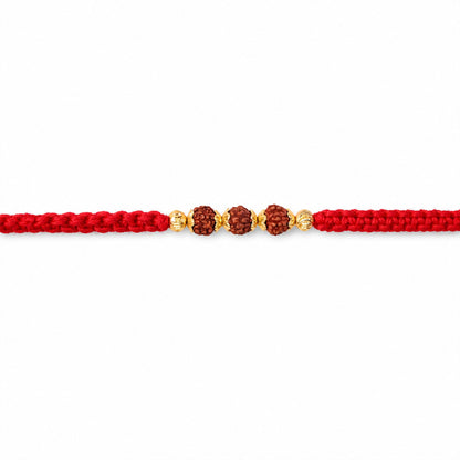 Red Braided Rakhi with Rudraksha Beads and Golden Bead Accents