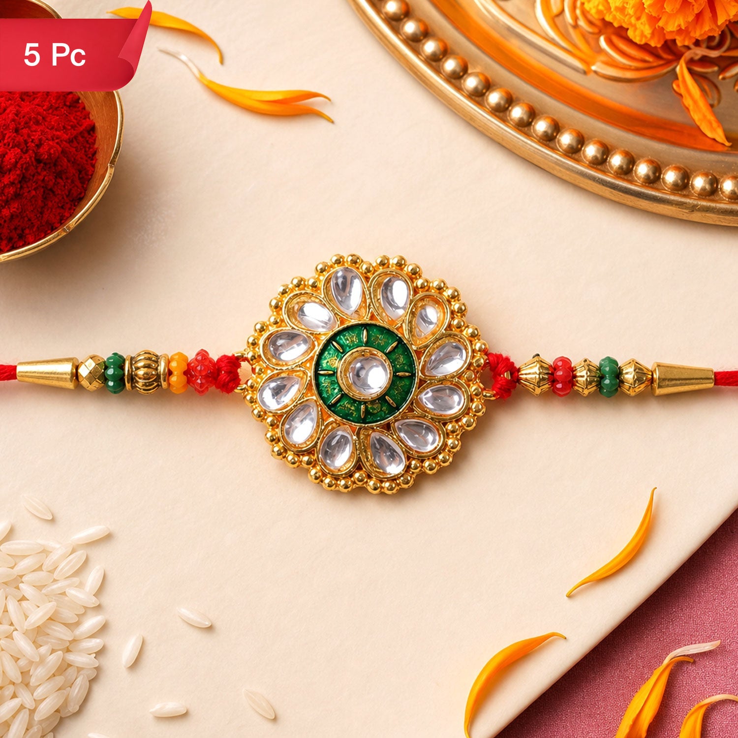 Kundan Flower Rakhi Traditional Floral Design for Brother (5pcs)