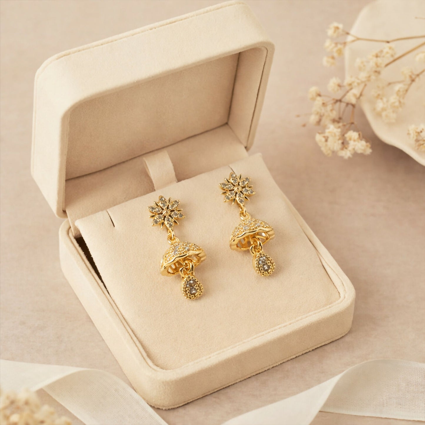 Elegant gold finish sunburst floral stud jhumka earrings displayed on white background