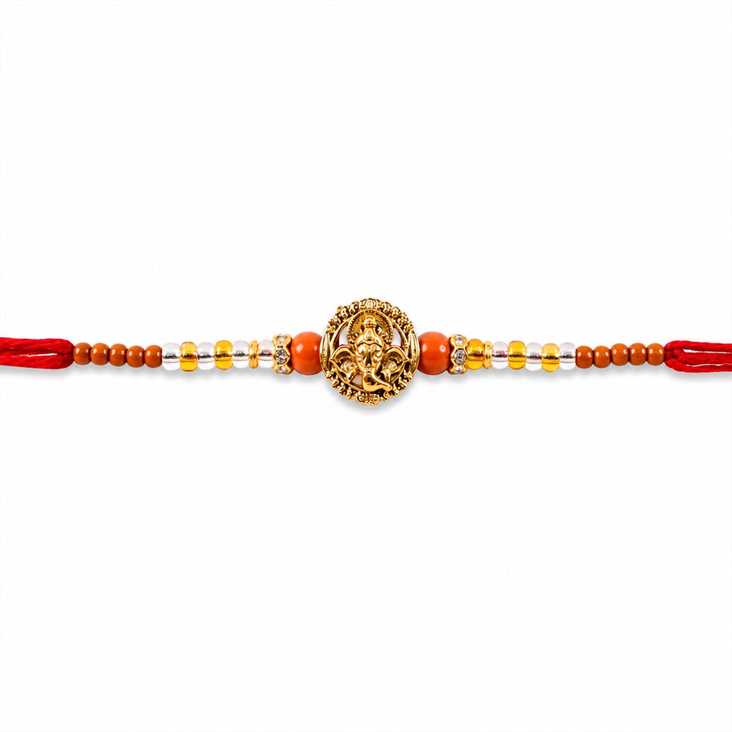 Lord Ganesha Golden Devotional Rakhi with Orange Beads and Crystal Highlights