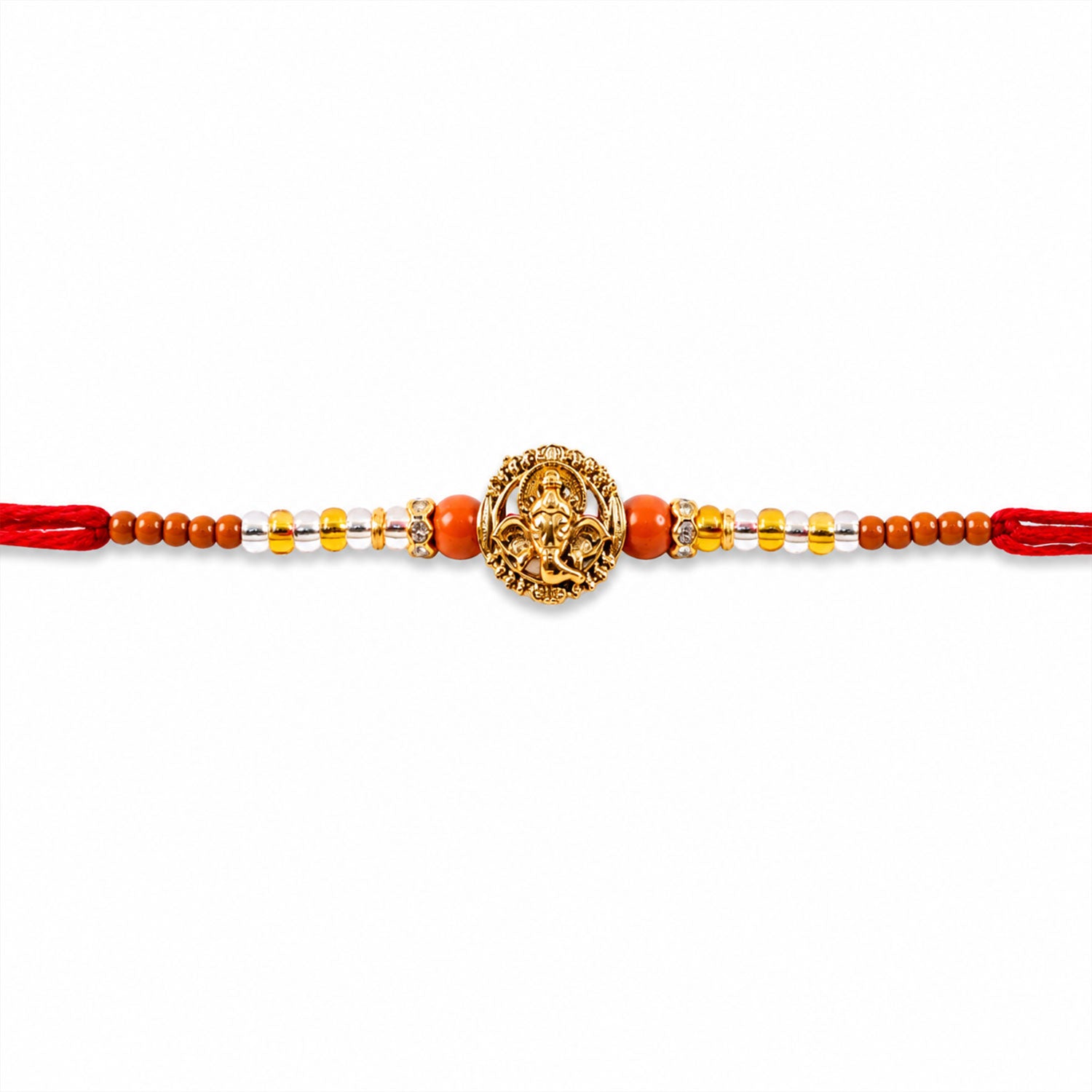 Lord Ganesha Golden Devotional Rakhi with Orange Beads and Crystal Highlights
