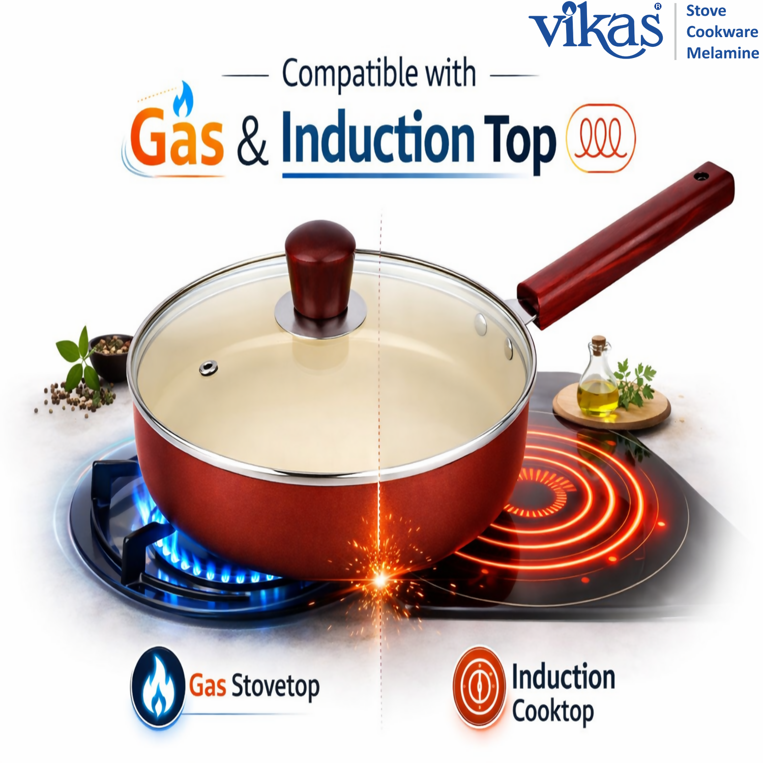 Close-up of Vikas ceramic frypan wooden handle and glass lid