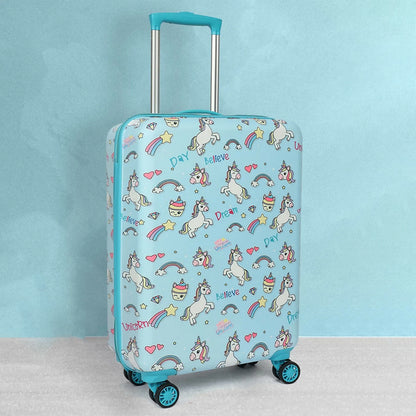 Front view of Novex Unicorn Blue Kids Trolley Bag with 4 wheels