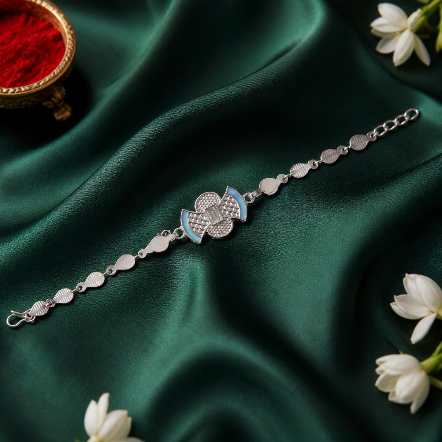 Stylish meenakari Silver Filigree Enamel Studded Petal Chain Rakhi