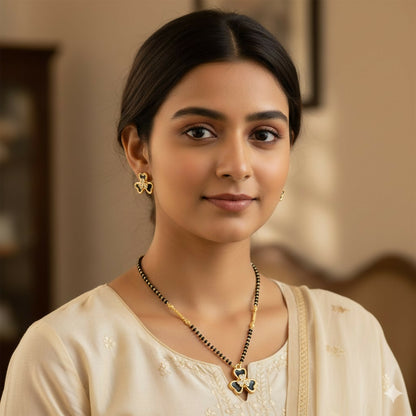 Gold-Plated AD Floral Mangalsutra Set with Clover Stud Earrings for women