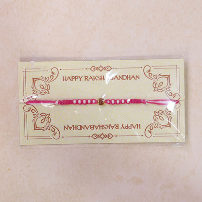 Pink-White Braided Rakhi with Natural Rudraksha Bead Pendant