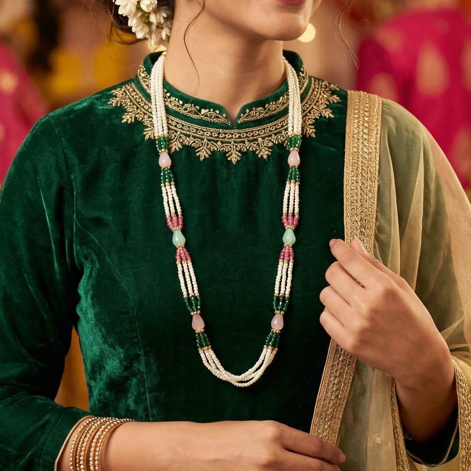 Pearl strands layered with colorful stone accents necklace
