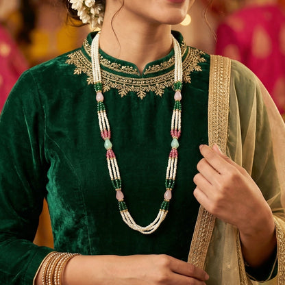 Pearl strands layered with colorful stone accents necklace