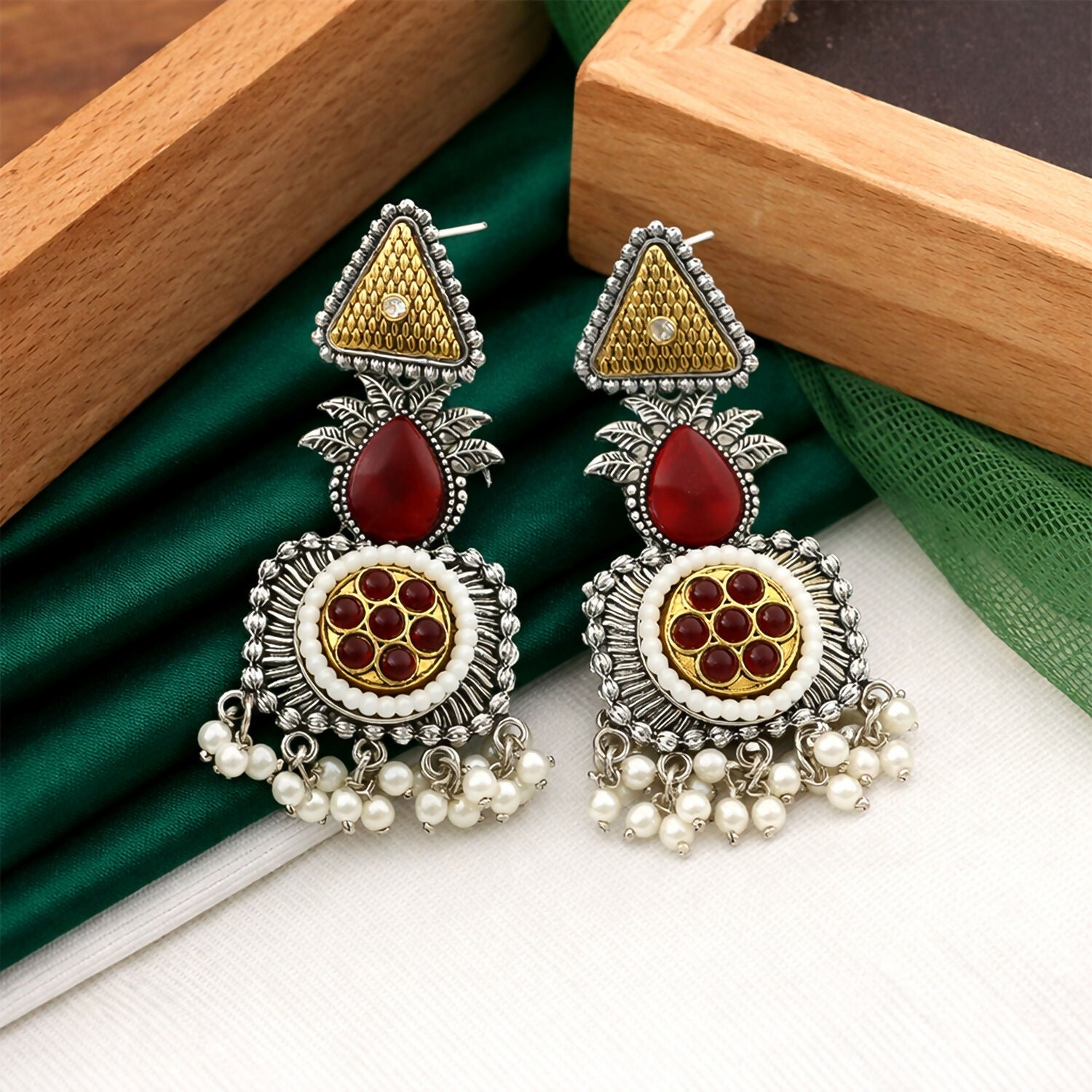 Elegant Oxidized Silver Statement Earrings with Dual Tone Accents & Pearl Drops