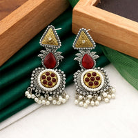 Elegant Oxidized Silver Statement Earrings with Dual Tone Accents & Pearl Drops
