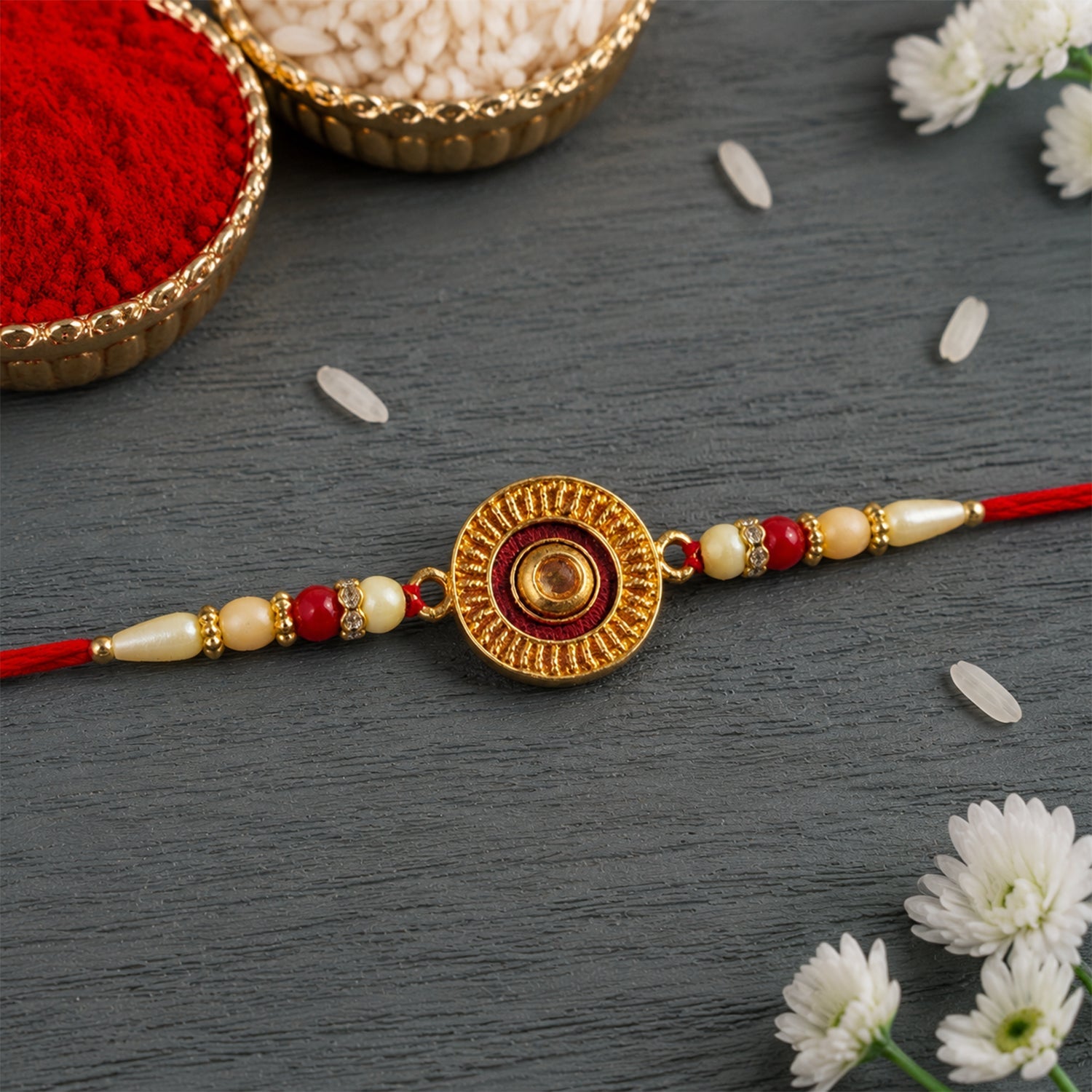 Traditional Round Rakhi with Pearl Beads for Rakshabandhan - Elegant and Festive (5pcs)