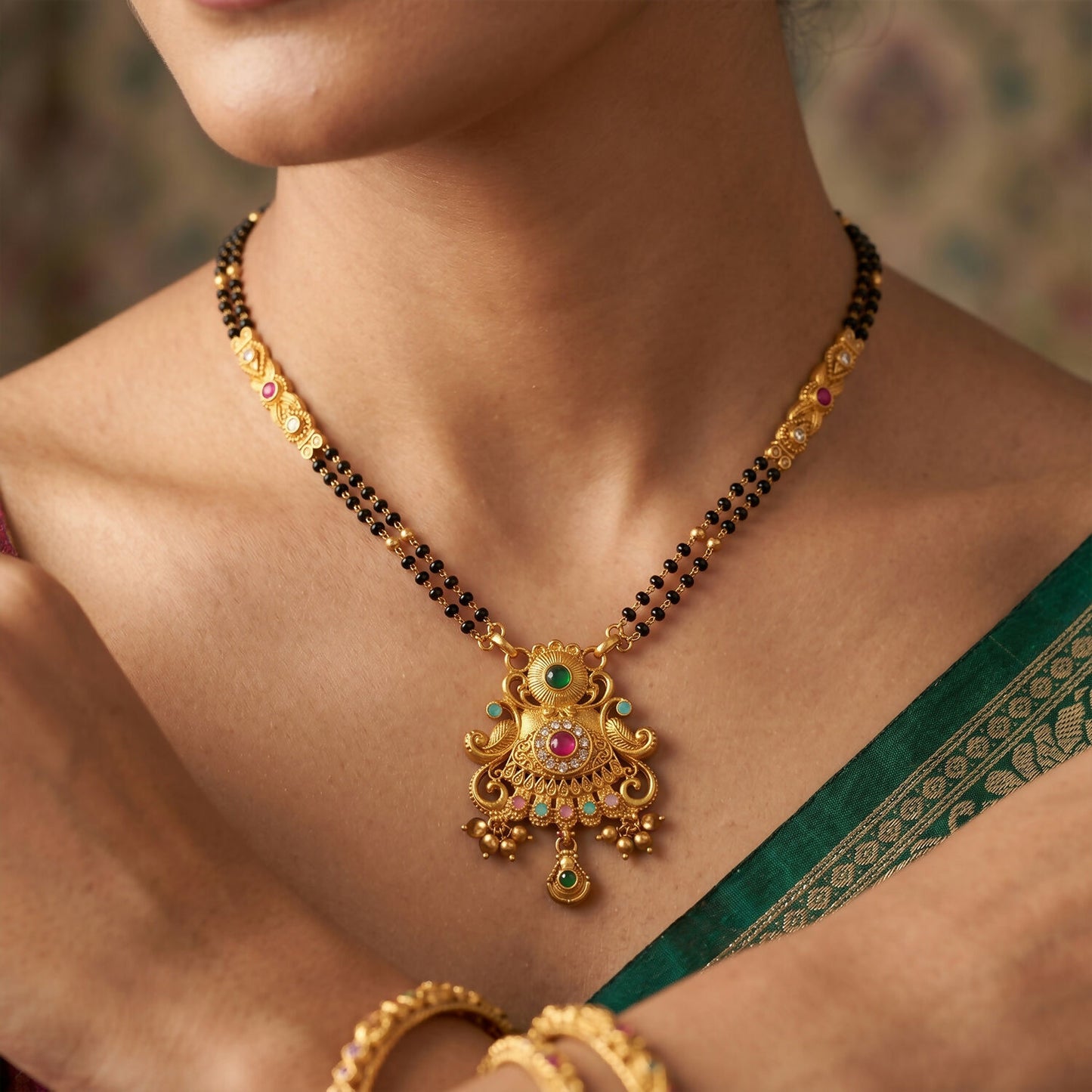 Antique Finish Sunburst Filigree Pendant with Rainbow Bead Cascade Double Strand Mangalsutra