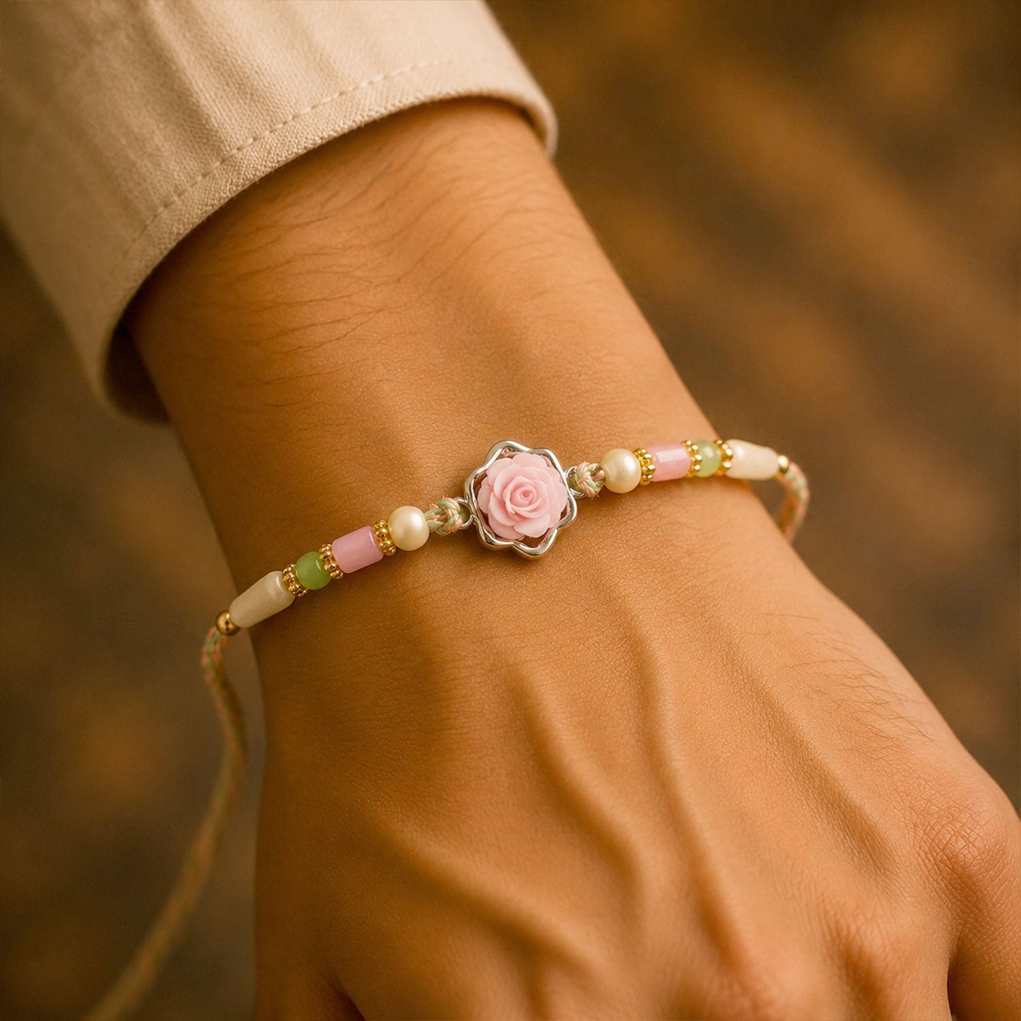 Rose Flower Charm Rakhi Designer Beaded for Brother (10pcs)