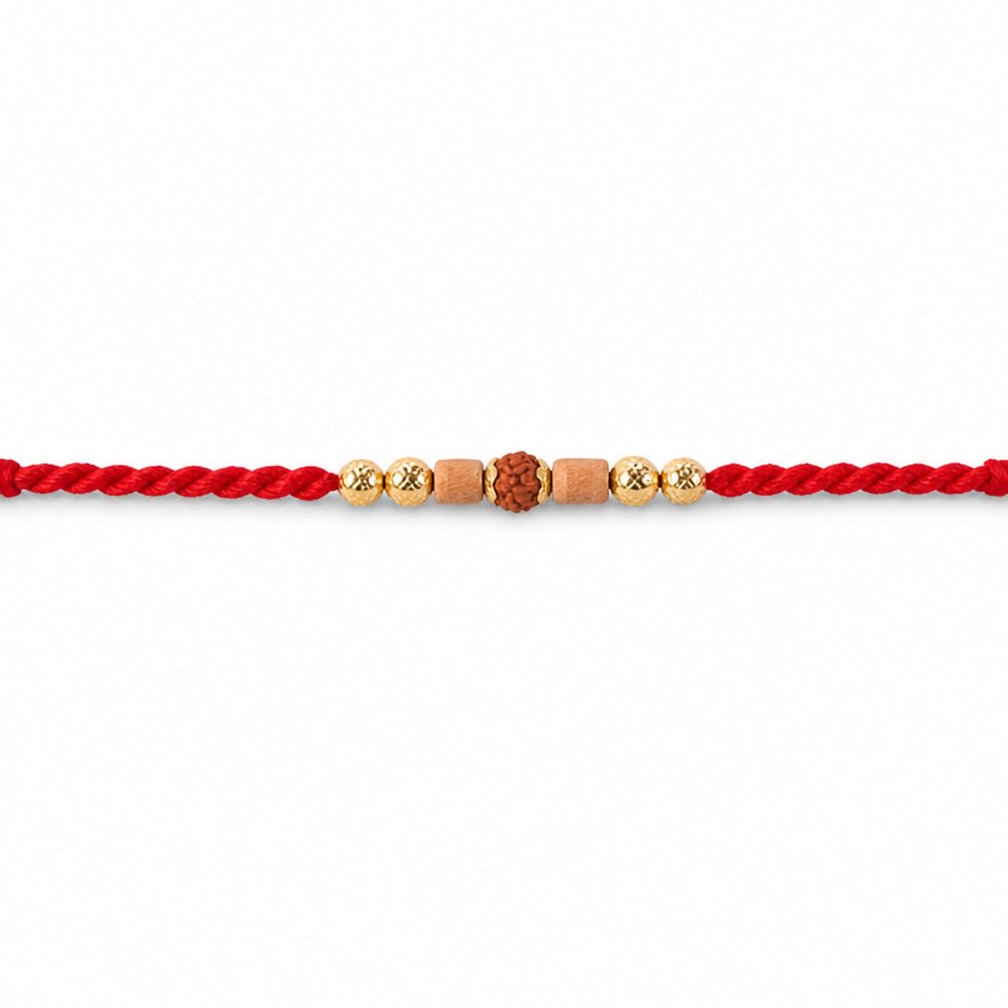 Red Cord Rakhi with Rudraksha and Natural Wooden Bead Accents
