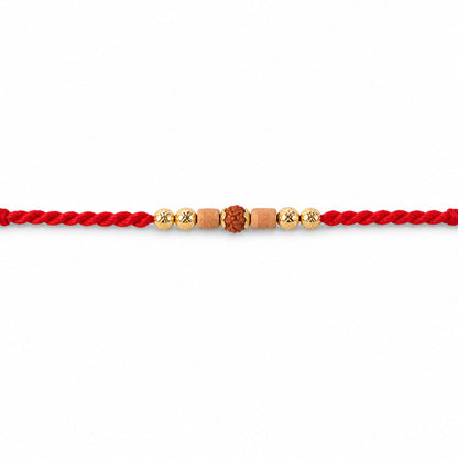 Red Cord Rakhi with Rudraksha and Natural Wooden Bead Accents