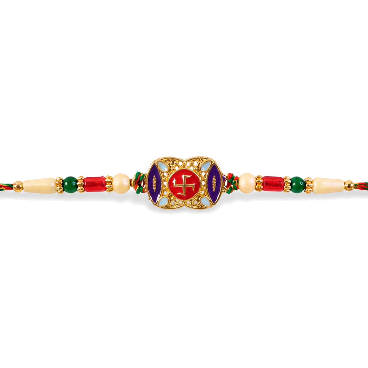 Festive Rakhi featuring Swastik Medallion and gold trims in display look for Gift Use
