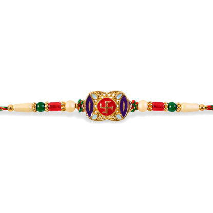 Festive Rakhi featuring Swastik Medallion and gold trims in display look for Gift Use