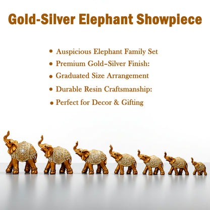 Gold Silver Elephant Family Showpiece Set for Home Décor & Gifting