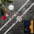 Rakhi Gift Combo – 2 Floral Rakhis with Silver Coin & Greeting Card – Raksha Bandhan