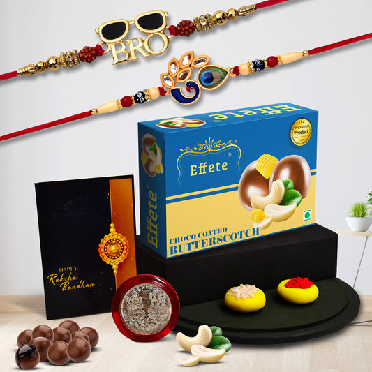 Premium Rakhi Gift Combo with BRO & Peacock Rakhis, Choco Butterscotch, Tilak Set, Coin & Greeting Card