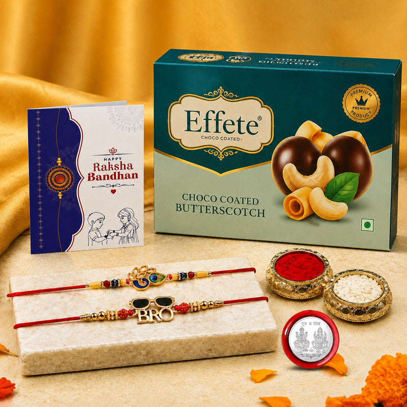 DeoDap Designer Rakhi Combo Gift Set for Brother | Butterscotch 32Gm | Chocolate