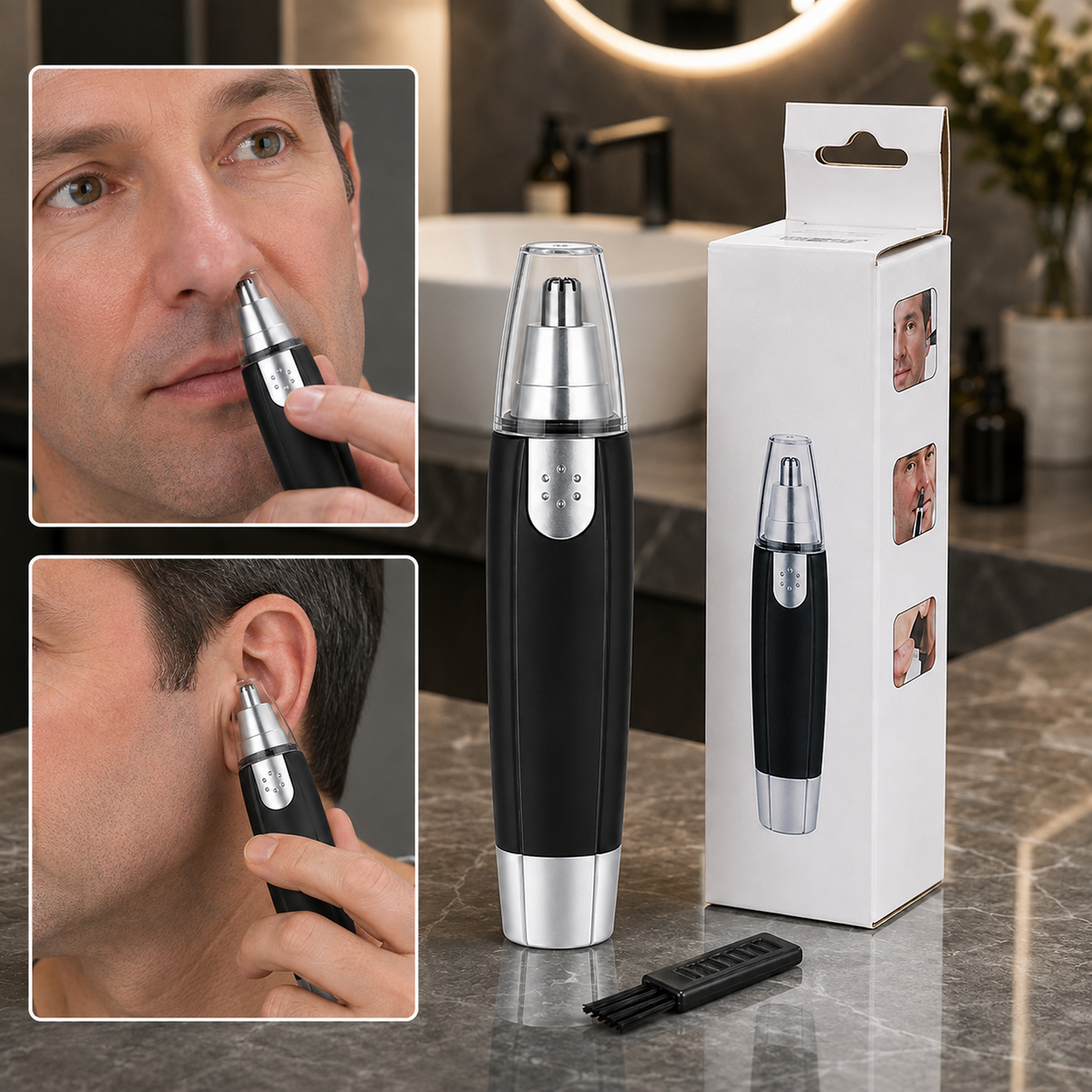 A man uses a black and silver nose and ear hair trimmer, with the product and its box in the background.
