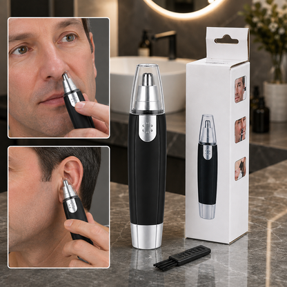 A man uses a black and silver nose and ear hair trimmer, with the product and its box in the background.