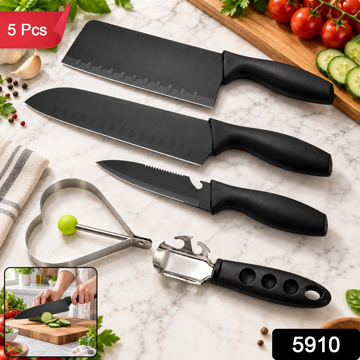 Steel Kitchen Knife Set with Chef and Butcher Knives in Gift Box (5 Pc Set)