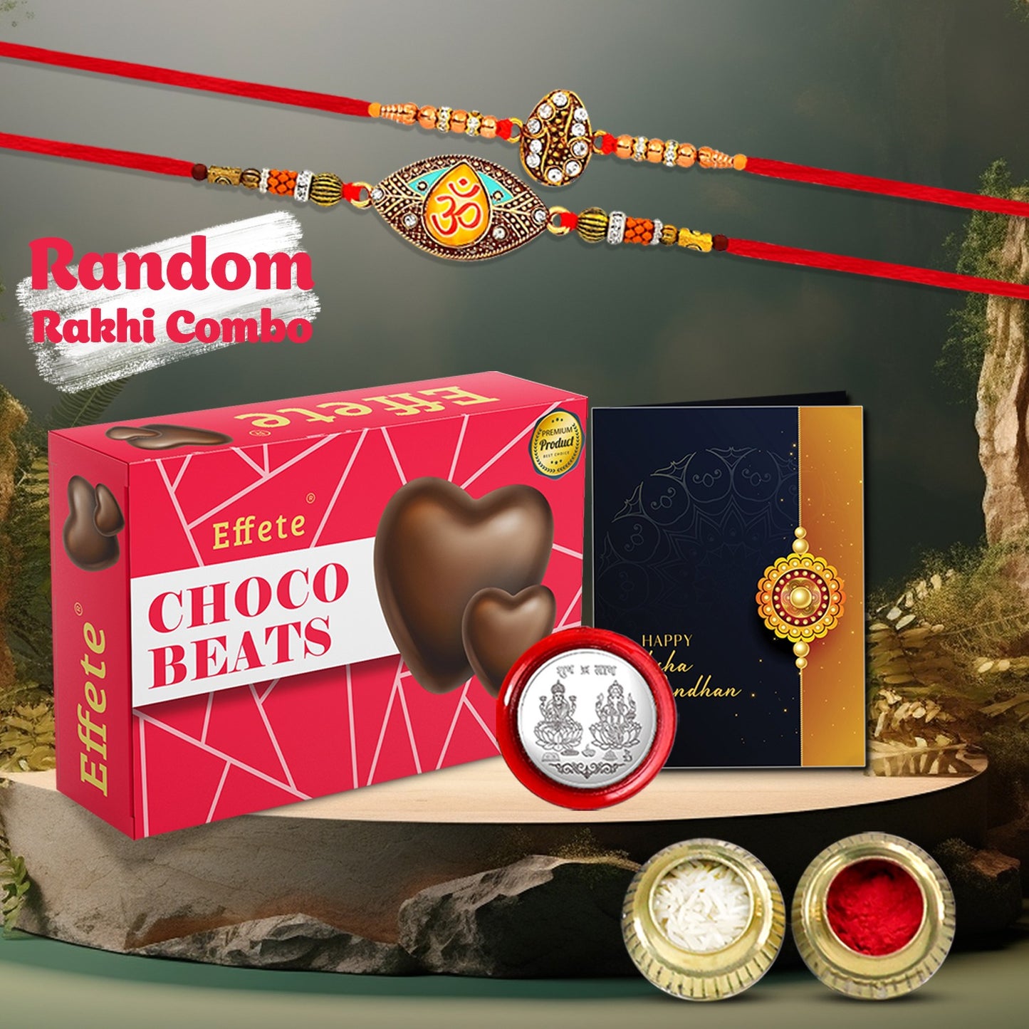 Choco Beats2 Random Rakhi Gift Combo with Greeting Card, Coin & Roli Chawal