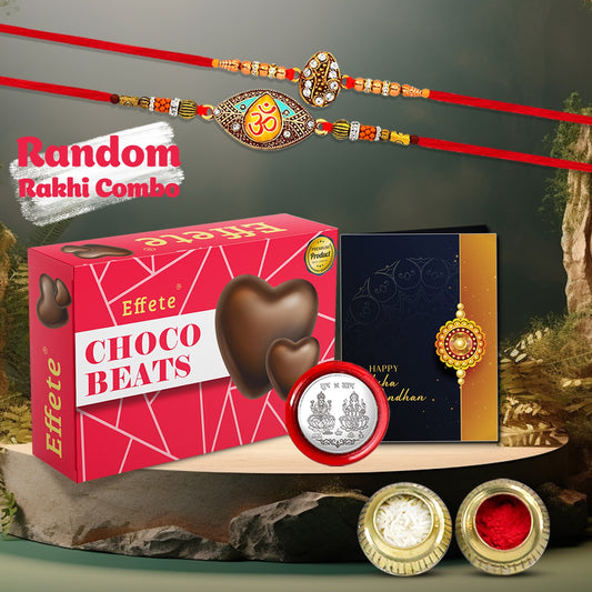 Choco Beats2 Random Rakhi Gift Combo with Greeting Card, Coin & Roli Chawal