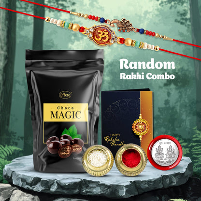 Choco Magic Zipper Pack with 2 Rakhi Combo, Coin, Roli Chawal & Raksha Bandhan Greeting Card
