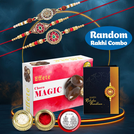 Choco Magic 3 Random Rakhi Gift Combo with Greeting Card, Coin & Roli Chawal