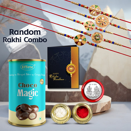 Choco Magic 5 Random Rakhi Gift Combo with Greeting Card, Coin & Roli Chawal