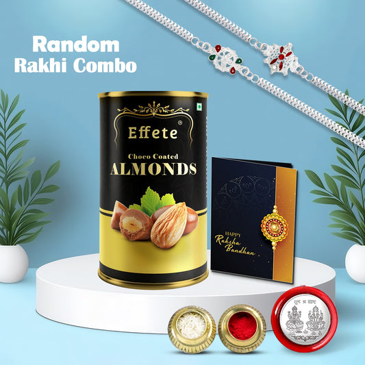 Choco Almond 2 Random Rakhi Gift Combo with Greeting Card, Coin & Roli Chawal