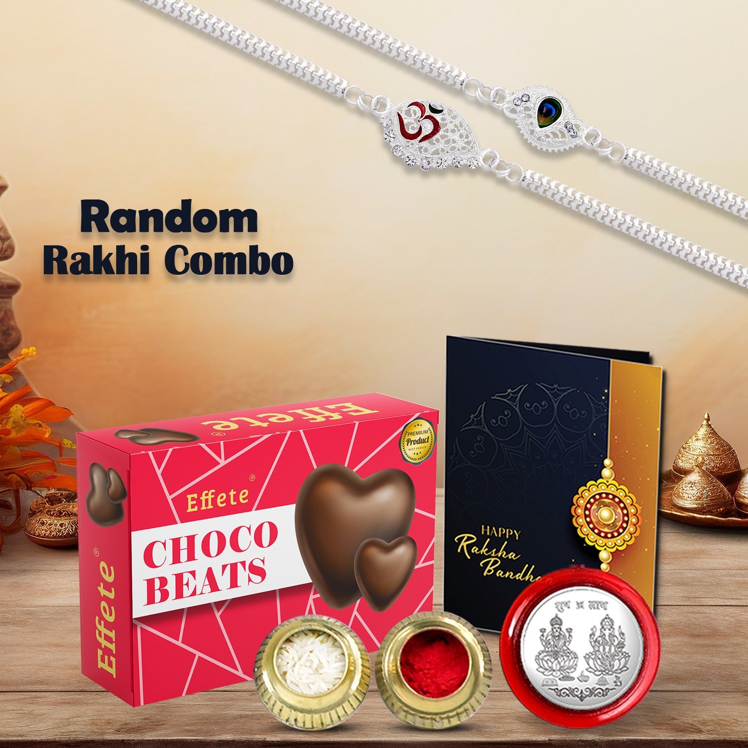Choco Beats 2 Random Rakhi Gift Combo with Greeting Card, Coin & Roli Chawal