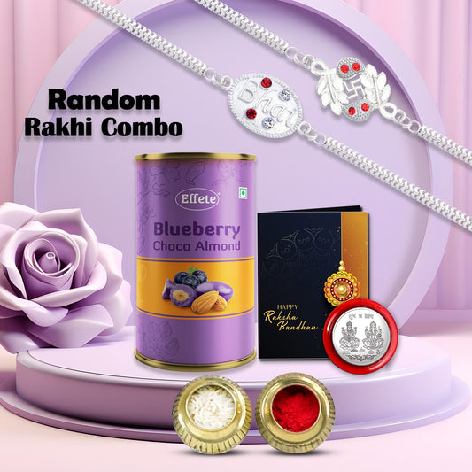 Blue Berry Chocolate 2 Random Rakhi Gift Combo with Greeting Card, Coin & Roli Chawal