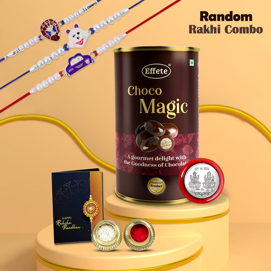 Choco Magic 3 Random Rakhi Gift Combo with Greeting Card, Coin & Roli Chawal