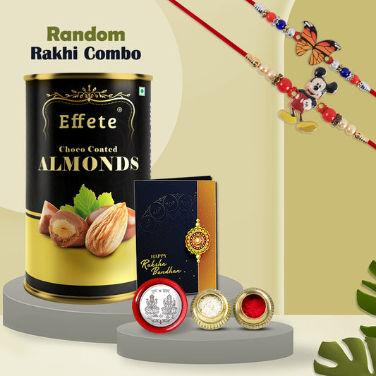 Choco Coated Almonds 2 Random Rakhi Gift Combo with Greeting Card, Coin & Roli Chawal
