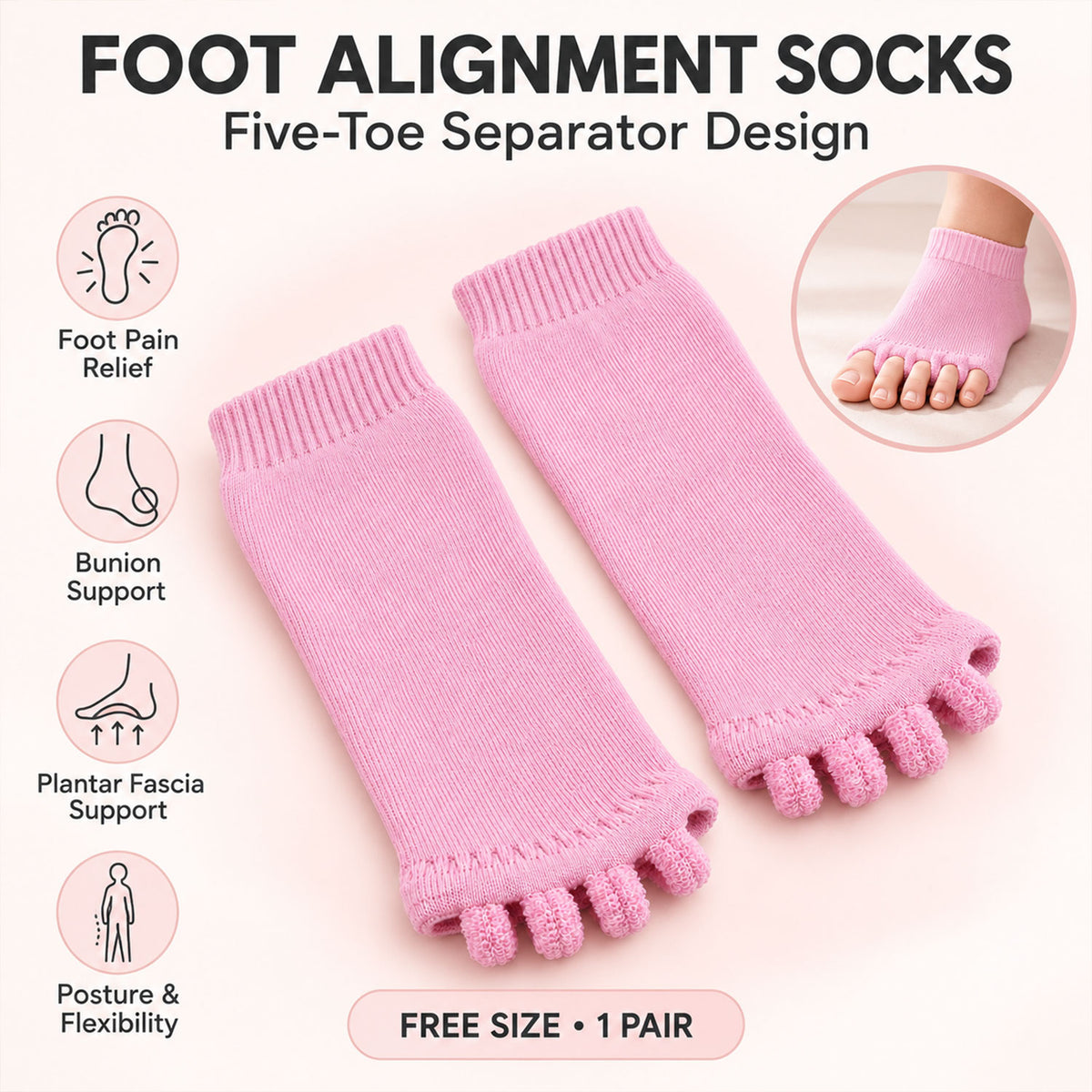 Cotton Blend Open-Toe Comfort Socks with Toe Separators and Ribbed Cuffs (1 Pair)