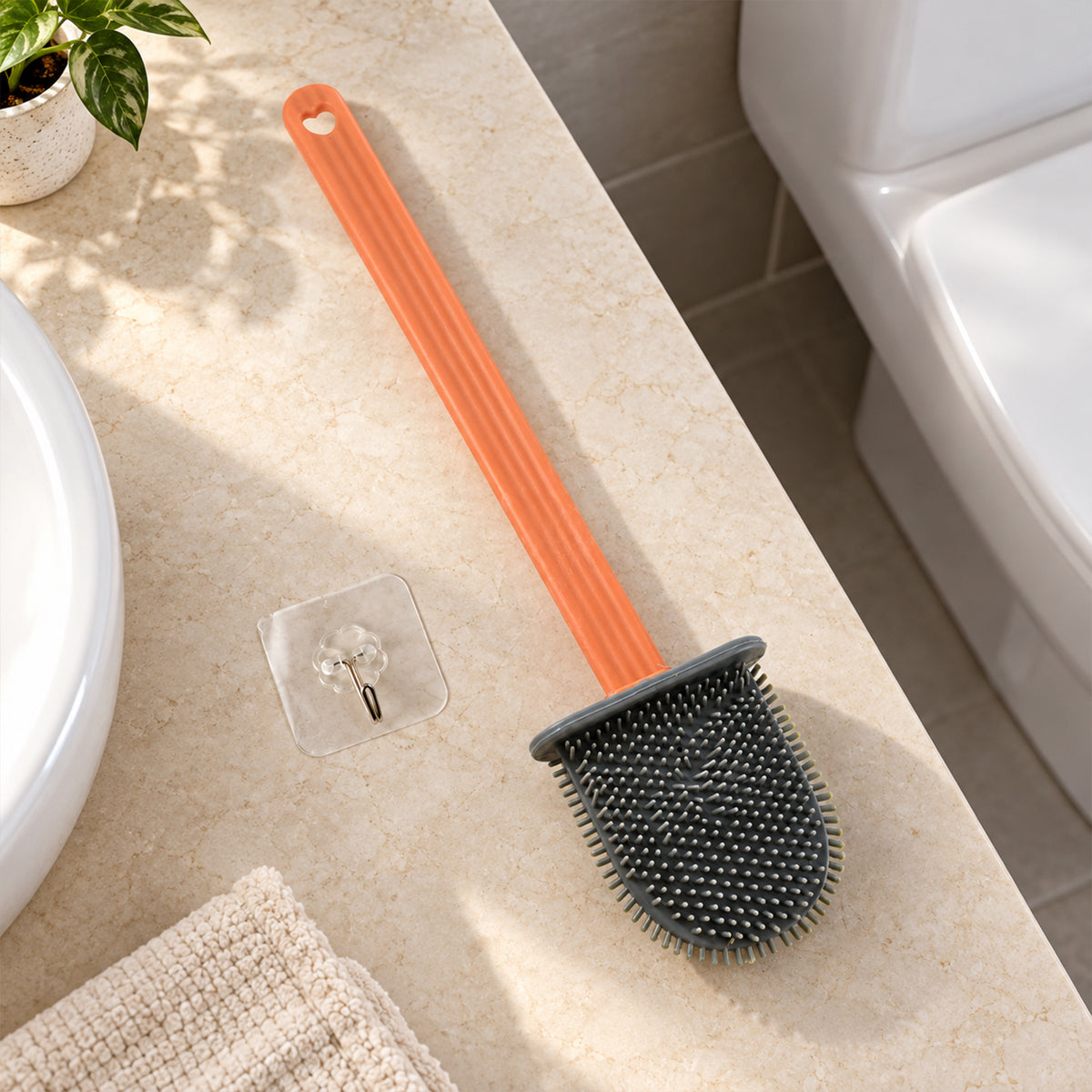 Flat head toilet cleaning brush with long handle and wall hook 03