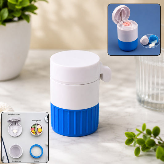 White and blue pill crusher and cutter with storage and drinking cup features shown in insets.