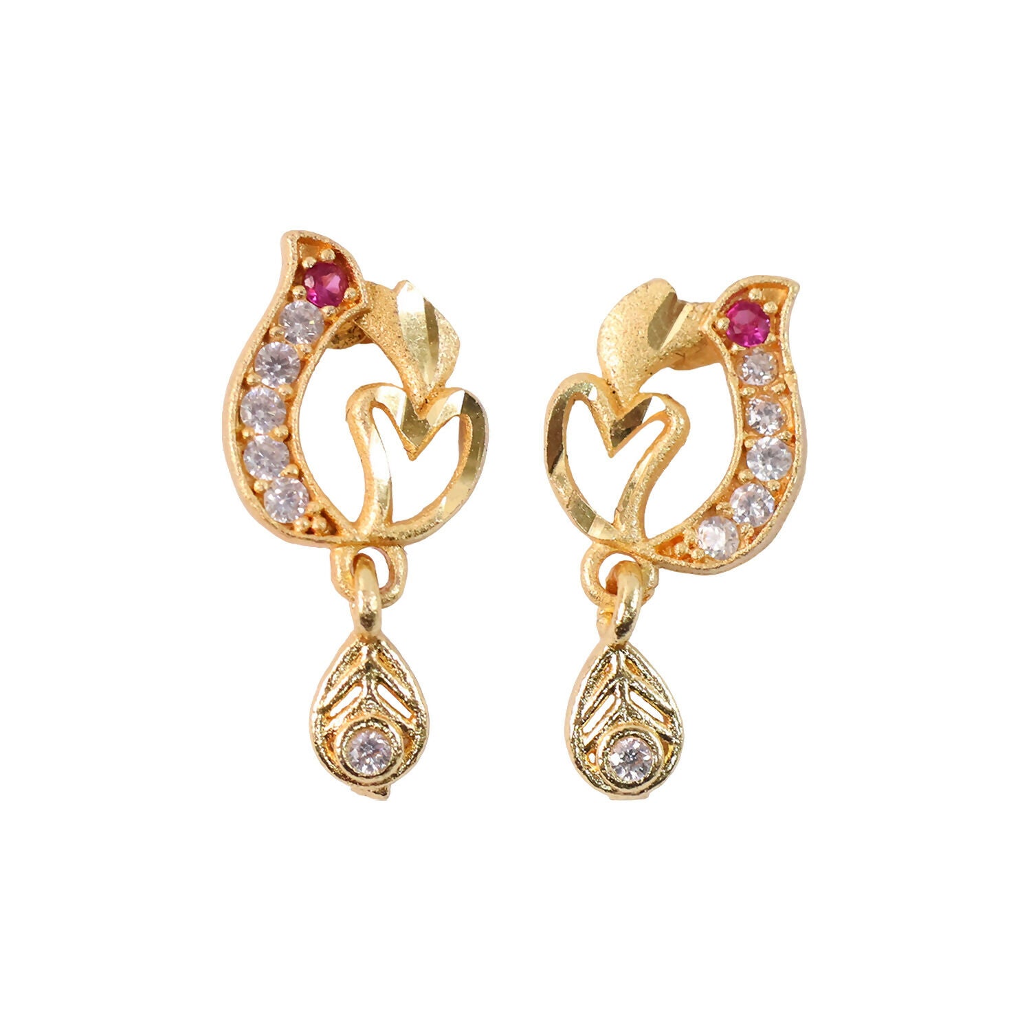 Artistic Leaf Motif Gold Stud Earrings With Crystal Highlights And Drop Finish