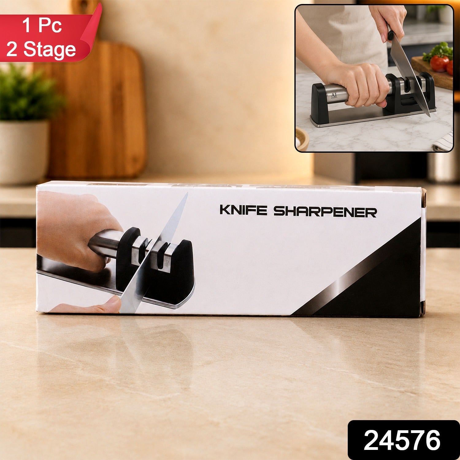 Two Stage Knife Sharpener for Effortless Coarse & Fine Edges