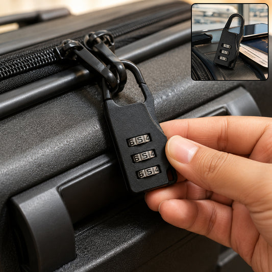 A hand adjusting a black 3-digit combination lock attached to a black suitcase zipper, with an inset showing the lock on a
