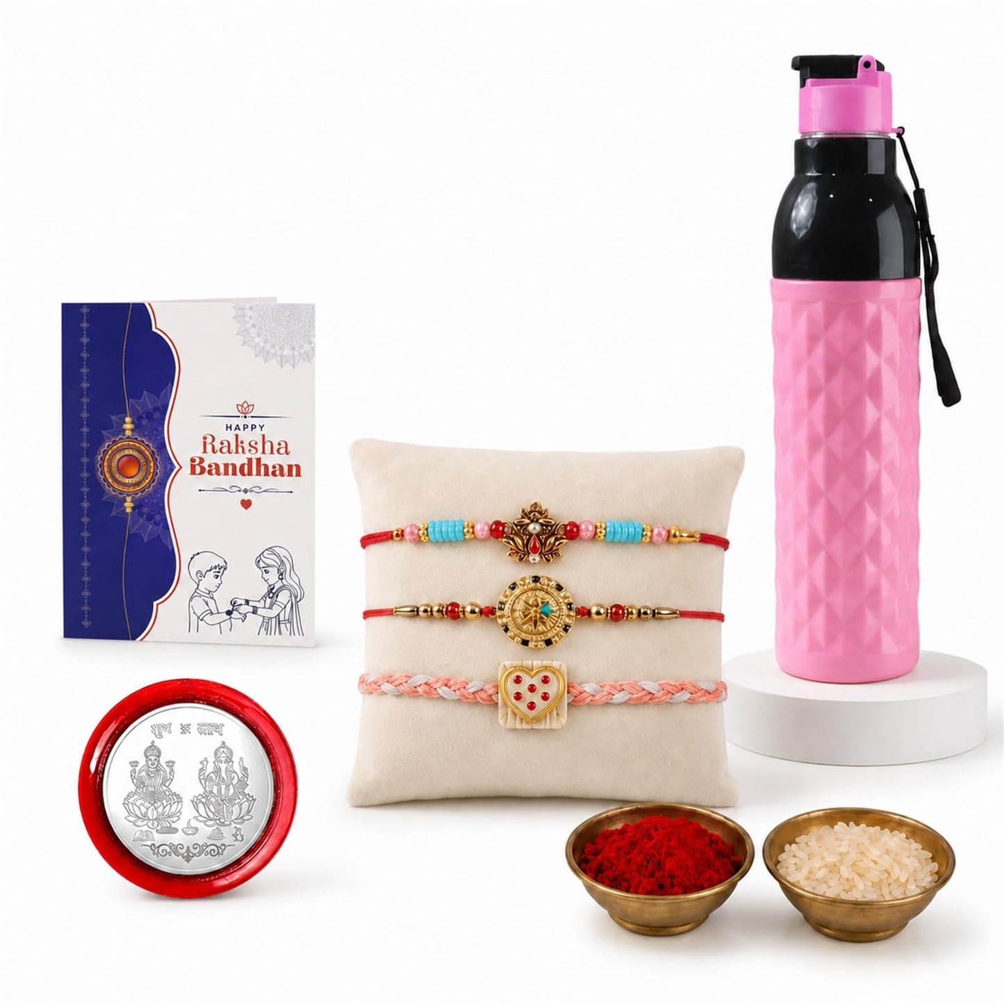 Lotus Rakhi Combo - Raksha Bandhan Gift with Diamond Water Bottle 1000ml, Pack of 7